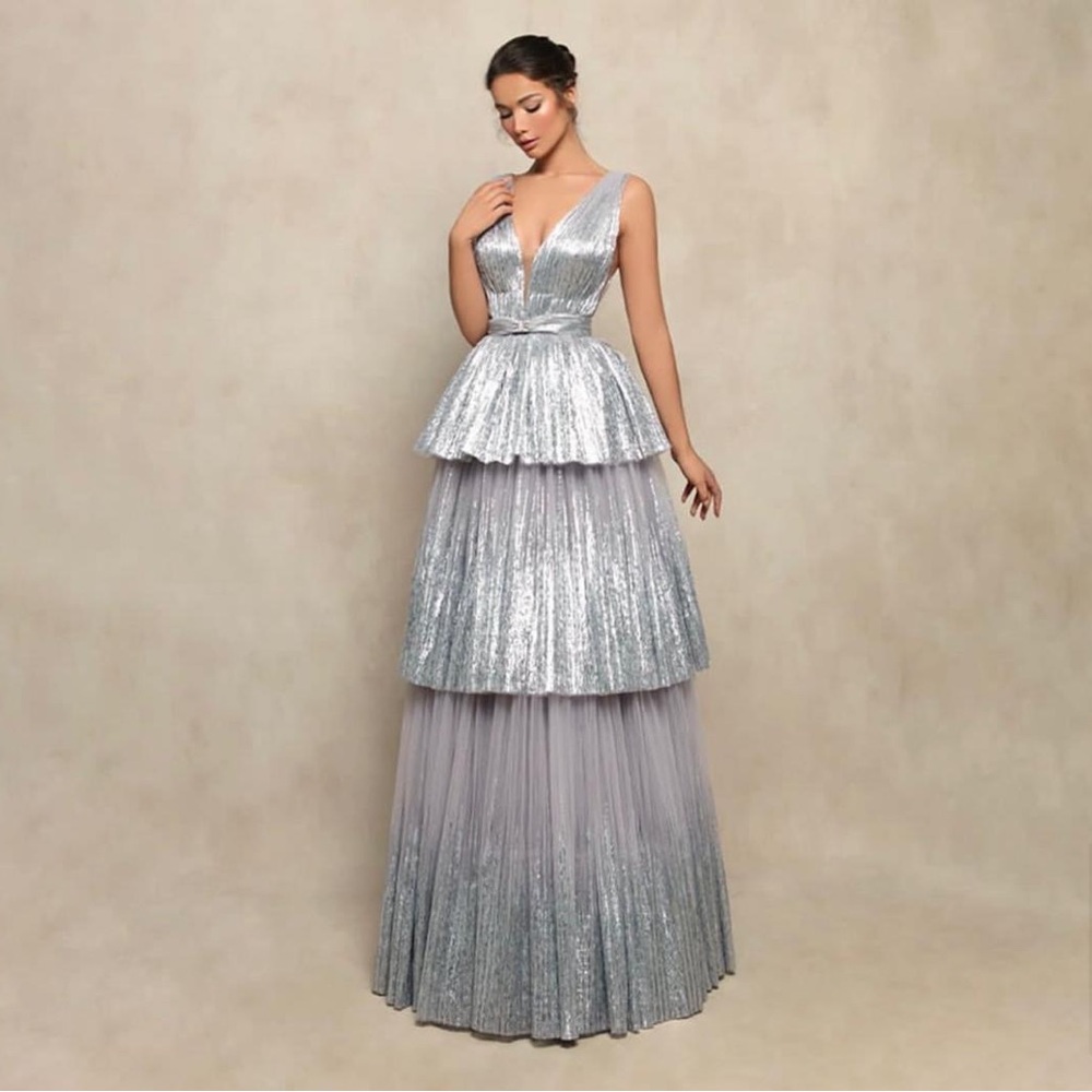 Tarik Ediz 98058 Essential Tiered Skirt Metallic Dress